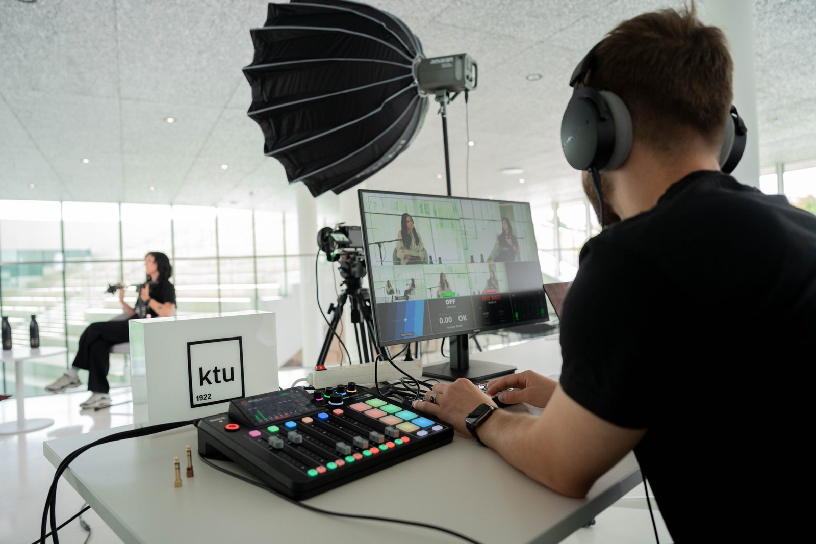 Story Craft operator running a live multi-camera switcher during a KTU interview shoot